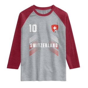 Switzerland Soccer Sports Graphic Number 10 Jersey Style Raglan Shirt Proud Swiss Football Fans Game Day Pride TS02 Heather Gray Heather Red Print Your Wear