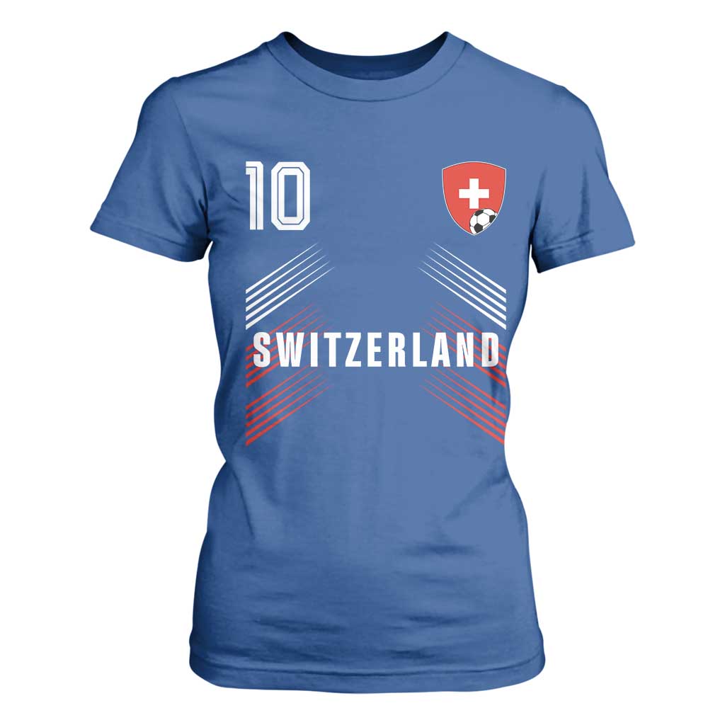 Switzerland Soccer Sports Graphic Number 10 Jersey Style T Shirt For Women Proud Swiss Football Fans Game Day Pride TS02 Royal Blue Print Your Wear