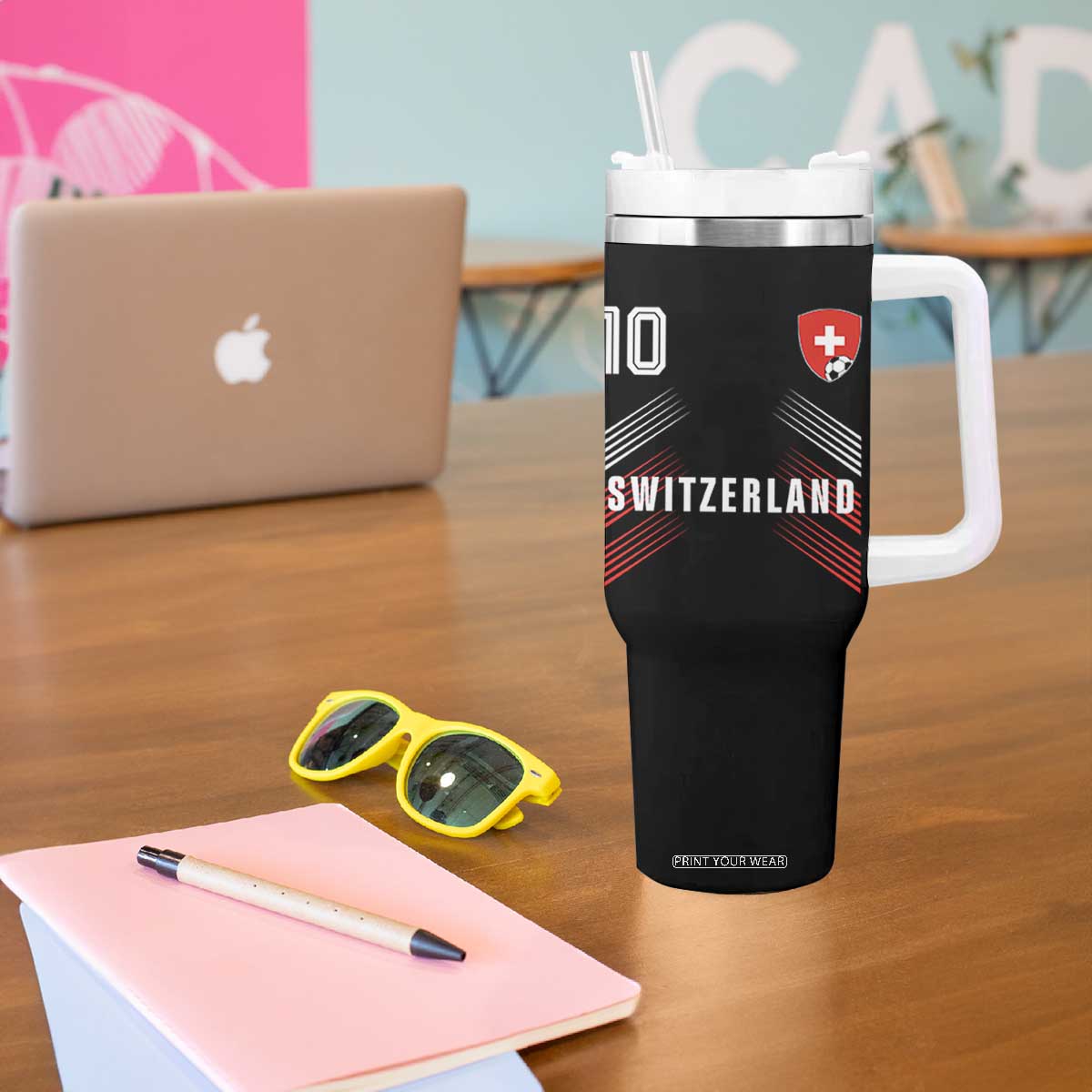 Switzerland Soccer Sports Graphic Number 10 Jersey Style Tumbler With Handle Proud Swiss Football Fans Game Day Pride TS02 Print Your Wear
