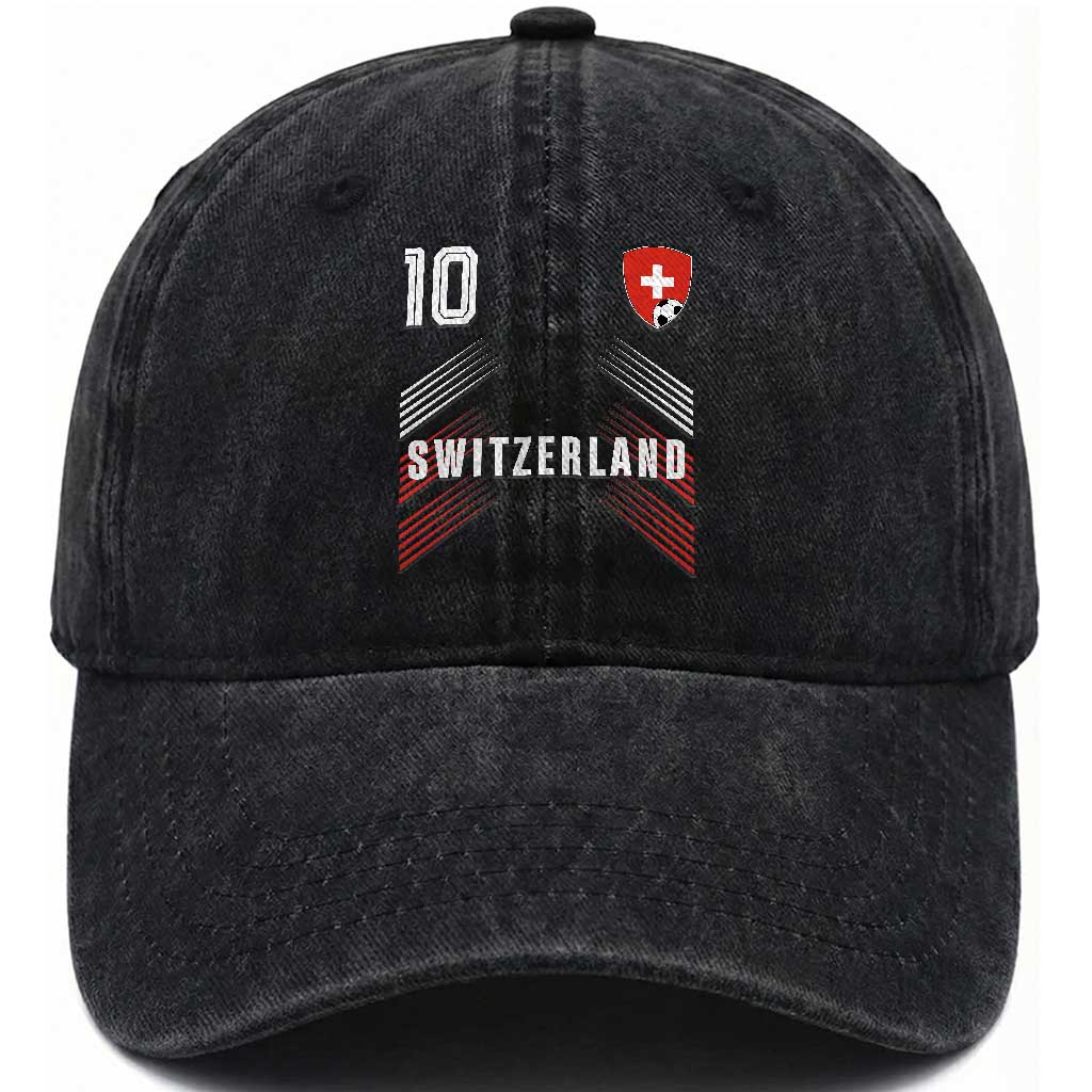 Switzerland Soccer Sports Graphic Number 10 Jersey Style Washed Cotton Baseball Cap Proud Swiss Football Fans Game Day Pride TS02 Print Your Wear