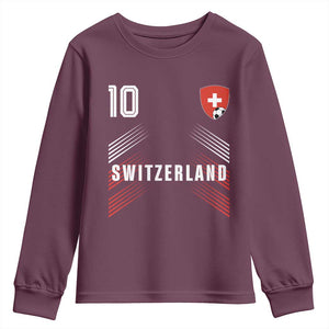 Switzerland Soccer Sports Graphic Number 10 Jersey Style Youth Sweatshirt Proud Swiss Football Fans Game Day Pride TS02 Maroon Print Your Wear