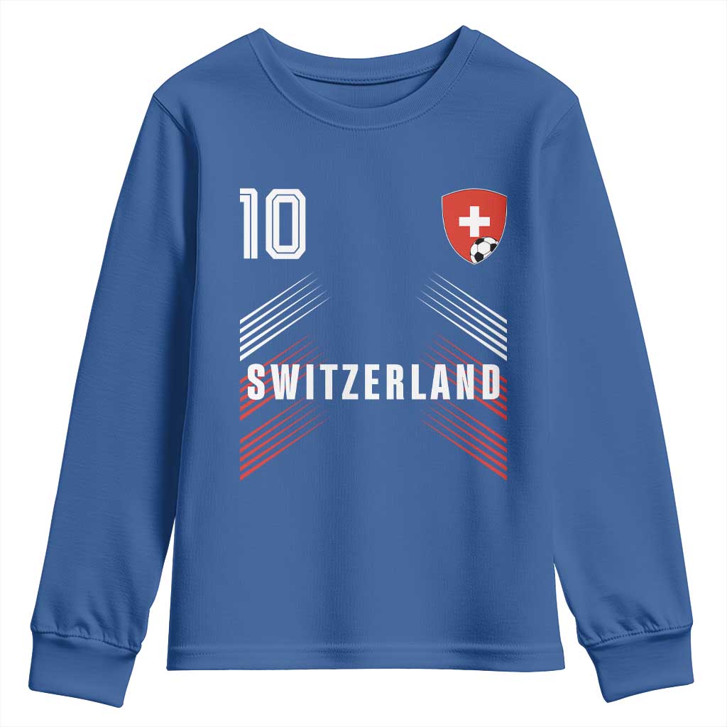 Switzerland Soccer Sports Graphic Number 10 Jersey Style Youth Sweatshirt Proud Swiss Football Fans Game Day Pride TS02 Royal Blue Print Your Wear