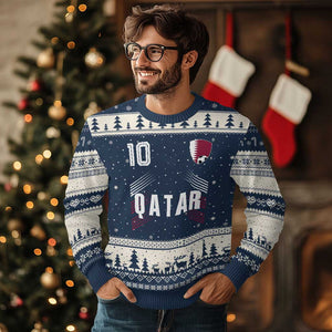 Qatar Soccer Sports Graphic Number 10 Jersey Style Ugly Christmas Sweater Proud Qatari Football Fans Game Day Pride TS02 Navy Beige Print Your Wear