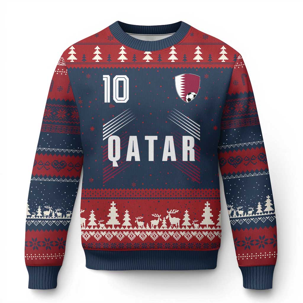 Qatar Soccer Sports Graphic Number 10 Jersey Style Ugly Christmas Sweater Proud Qatari Football Fans Game Day Pride TS02 Navy Red Print Your Wear