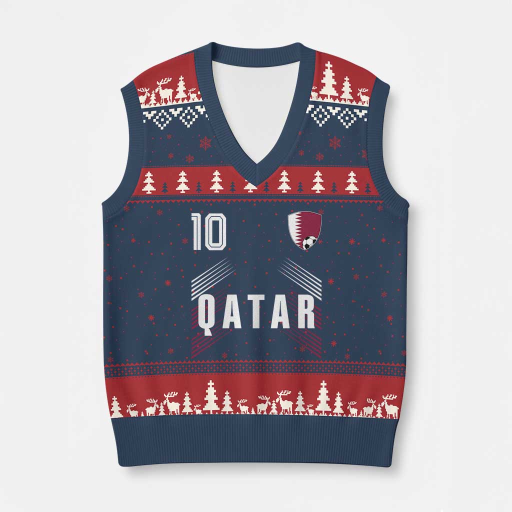 Qatar Soccer Sports Graphic Number 10 Jersey Style V-Neck Knit Sweater Vest Proud Qatari Football Fans Game Day Pride TS02 Navy Red Print Your Wear