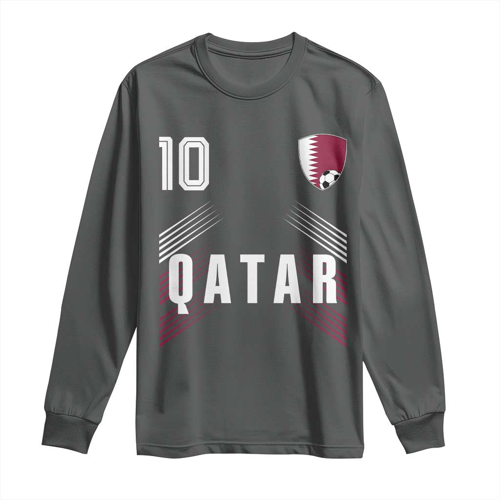 Qatar Soccer Sports Graphic Number 10 Jersey Style Long Sleeve Shirt Proud Qatari Football Fans Game Day Pride TS02 Dark Heather Print Your Wear