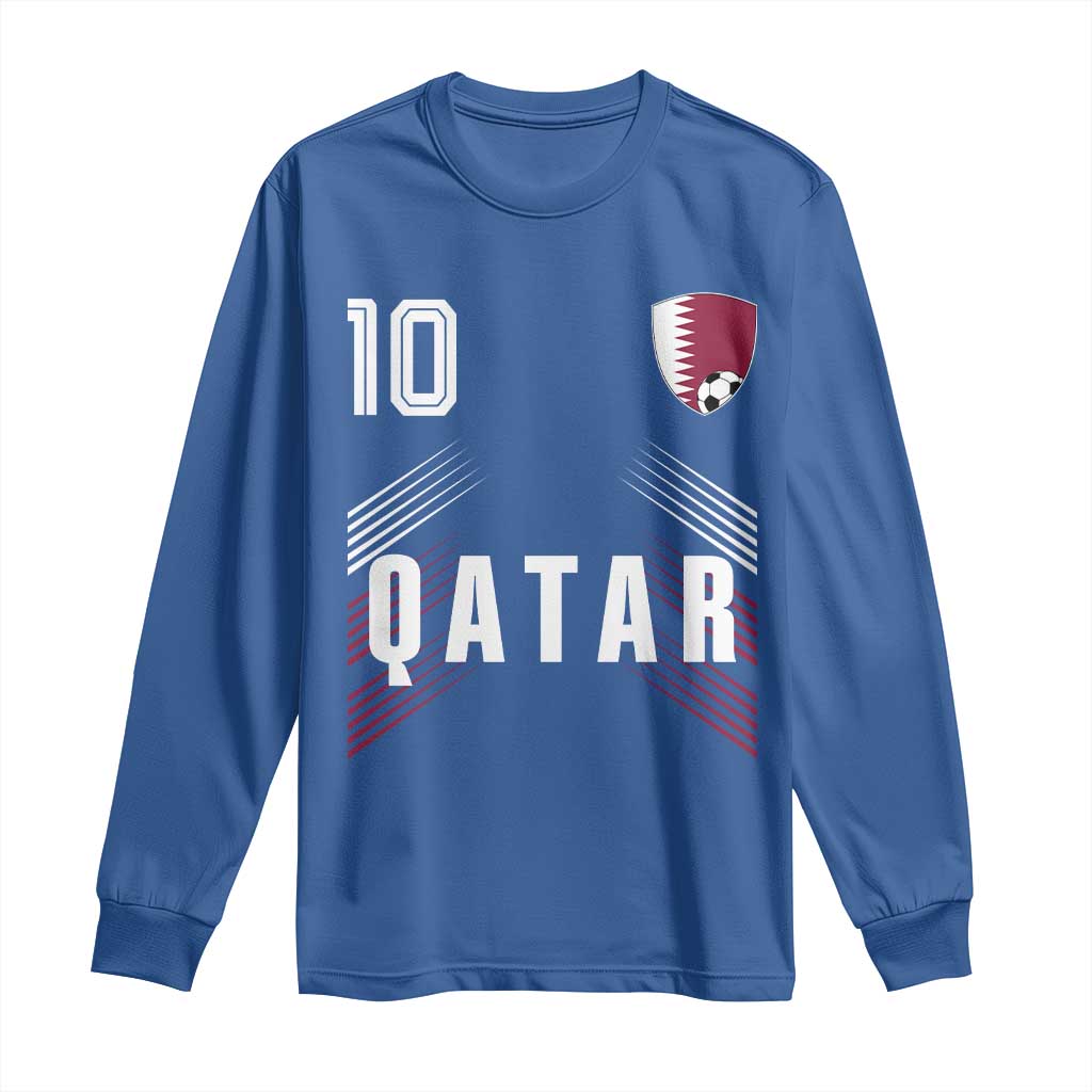 Qatar Soccer Sports Graphic Number 10 Jersey Style Long Sleeve Shirt Proud Qatari Football Fans Game Day Pride TS02 Royal Blue Print Your Wear