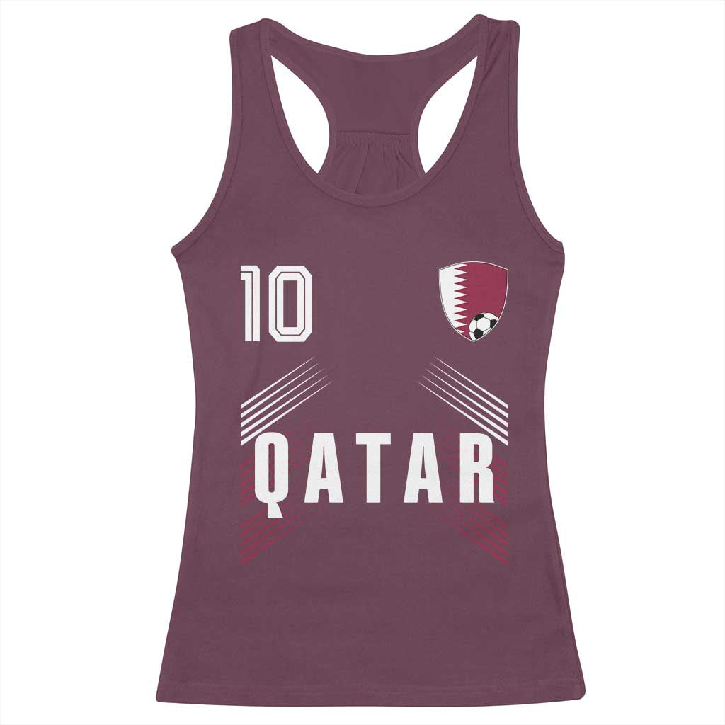Qatar Soccer Sports Graphic Number 10 Jersey Style Racerback Tank Top Proud Qatari Football Fans Game Day Pride TS02 Maroon Print Your Wear