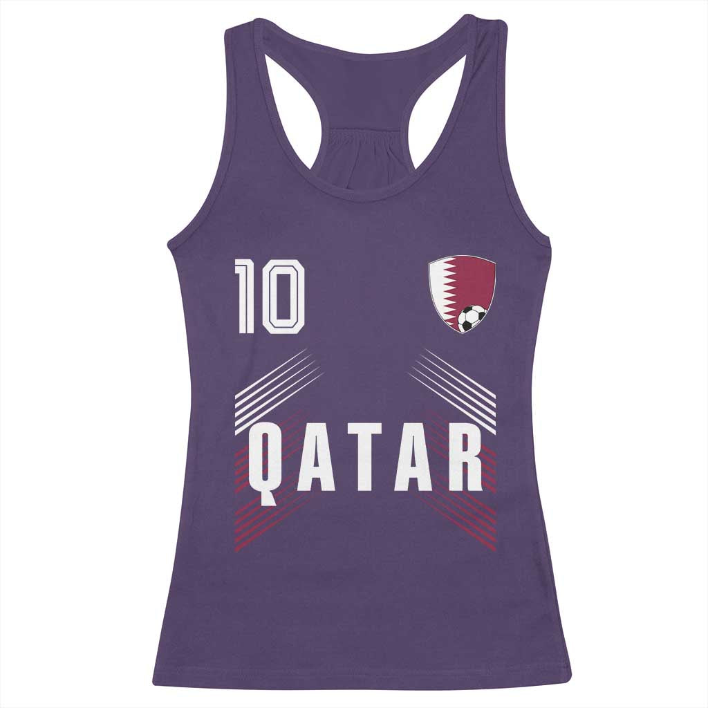 Qatar Soccer Sports Graphic Number 10 Jersey Style Racerback Tank Top Proud Qatari Football Fans Game Day Pride TS02 Purple Print Your Wear