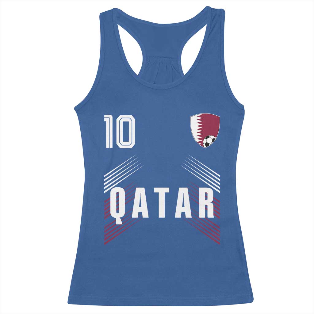 Qatar Soccer Sports Graphic Number 10 Jersey Style Racerback Tank Top Proud Qatari Football Fans Game Day Pride TS02 Royal Blue Print Your Wear