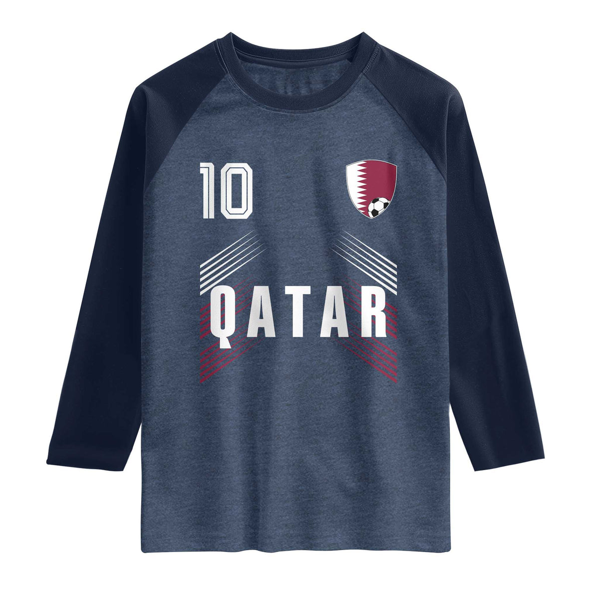 Qatar Soccer Sports Graphic Number 10 Jersey Style Raglan Shirt Proud Qatari Football Fans Game Day Pride TS02 Heather Denim Navy Print Your Wear