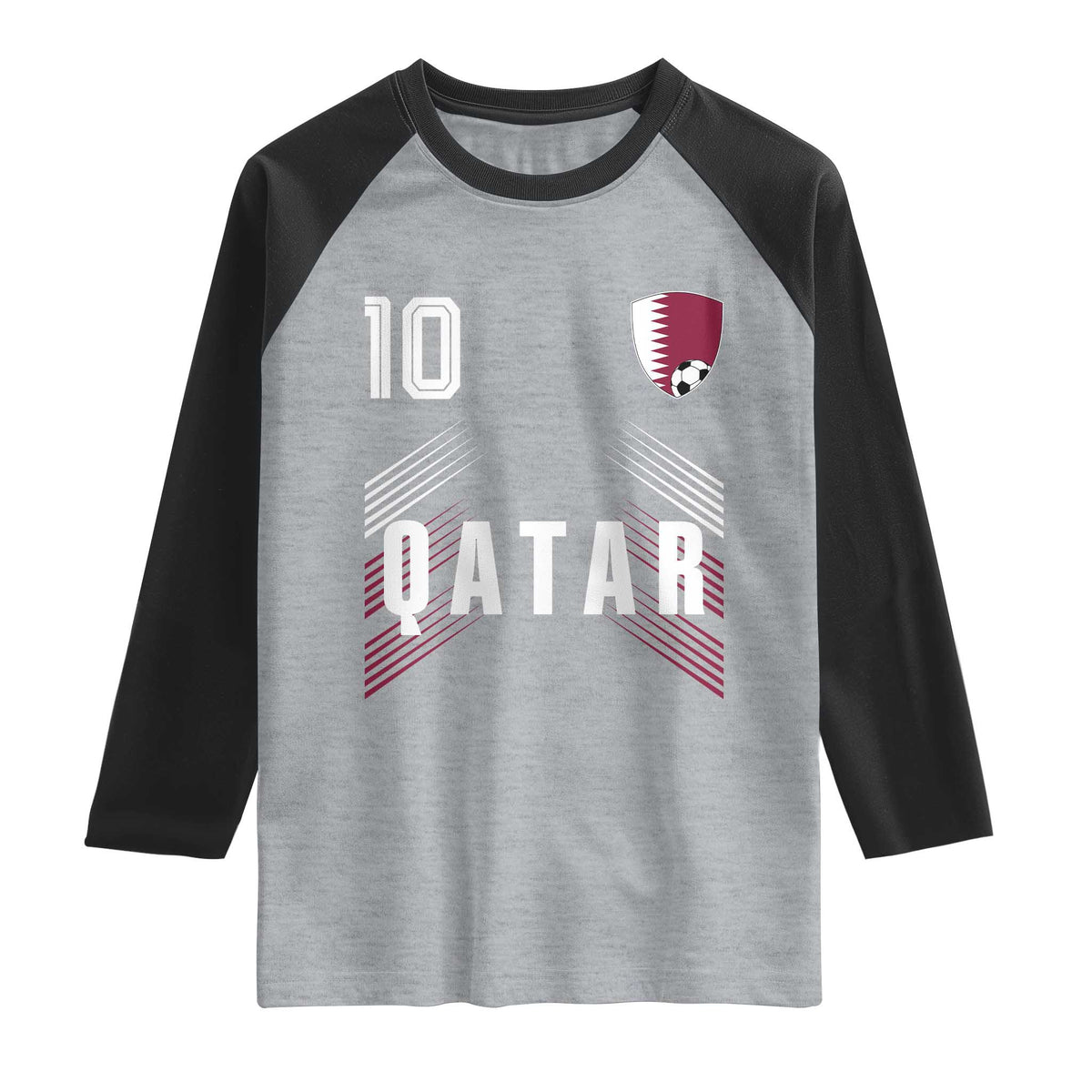 Qatar Soccer Sports Graphic Number 10 Jersey Style Raglan Shirt Proud Qatari Football Fans Game Day Pride TS02 Heather Gray Black Print Your Wear