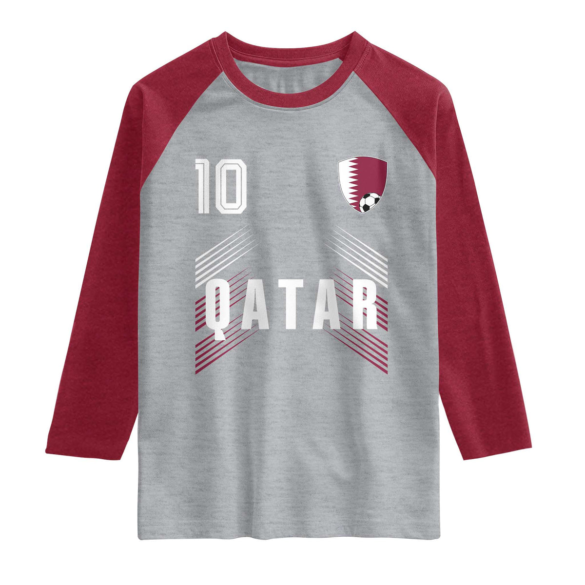 Qatar Soccer Sports Graphic Number 10 Jersey Style Raglan Shirt Proud Qatari Football Fans Game Day Pride TS02 Heather Gray Heather Red Print Your Wear