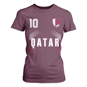 Qatar Soccer Sports Graphic Number 10 Jersey Style T Shirt For Women Proud Qatari Football Fans Game Day Pride TS02 Maroon Print Your Wear