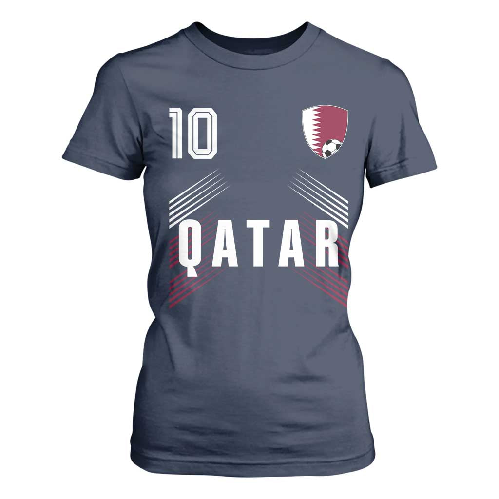 Qatar Soccer Sports Graphic Number 10 Jersey Style T Shirt For Women Proud Qatari Football Fans Game Day Pride TS02 Navy Print Your Wear