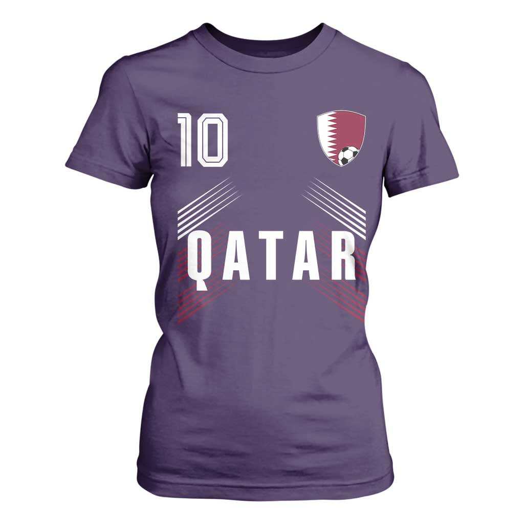 Qatar Soccer Sports Graphic Number 10 Jersey Style T Shirt For Women Proud Qatari Football Fans Game Day Pride TS02 Purple Print Your Wear