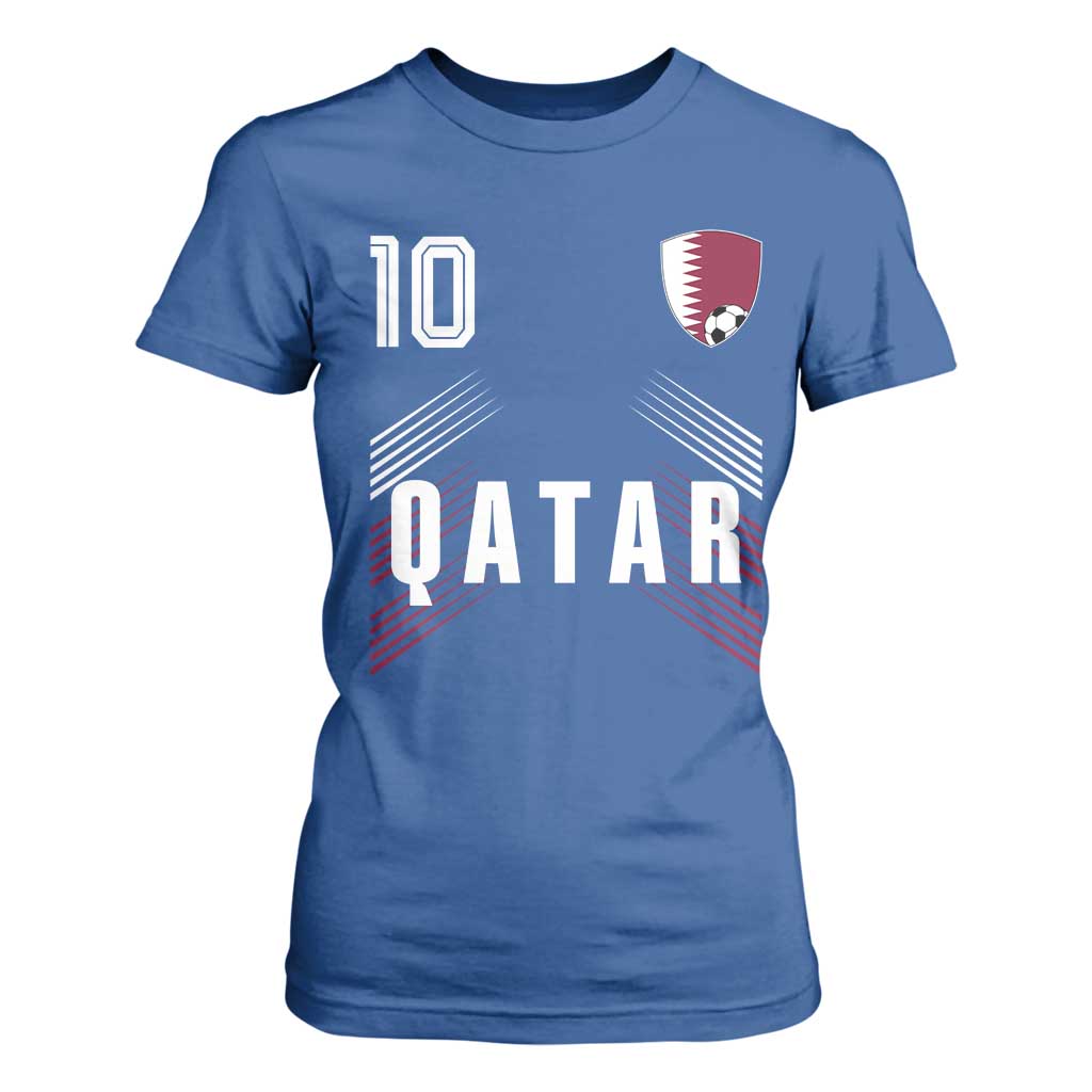 Qatar Soccer Sports Graphic Number 10 Jersey Style T Shirt For Women Proud Qatari Football Fans Game Day Pride TS02 Royal Blue Print Your Wear