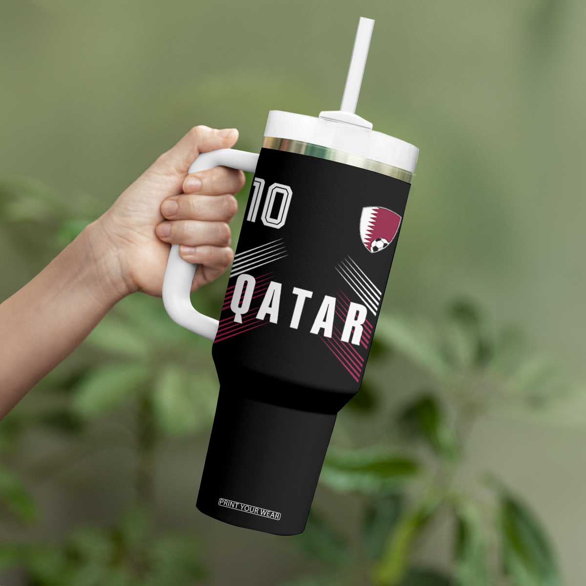 Qatar Soccer Sports Graphic Number 10 Jersey Style Tumbler With Handle Proud Qatari Football Fans Game Day Pride TS02 Print Your Wear