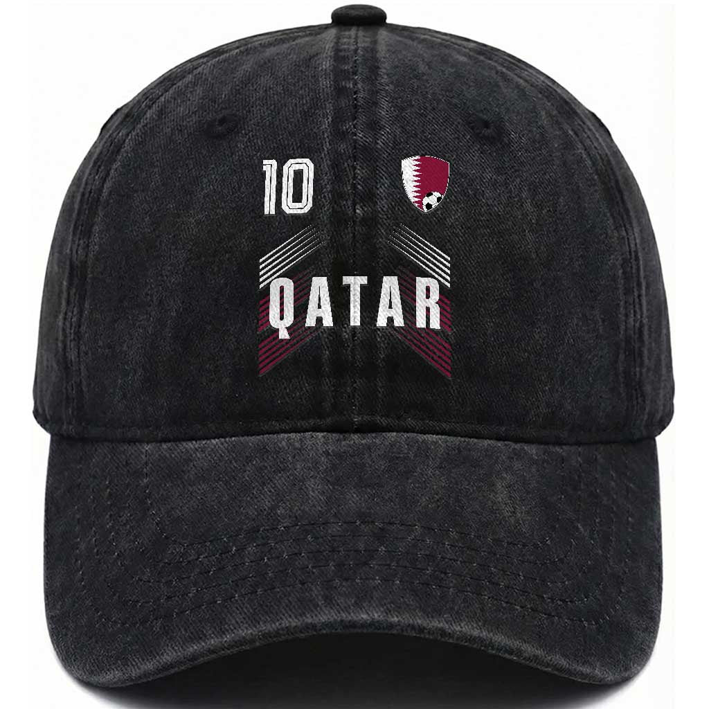 Qatar Soccer Sports Graphic Number 10 Jersey Style Washed Cotton Baseball Cap Proud Qatari Football Fans Game Day Pride TS02 Print Your Wear