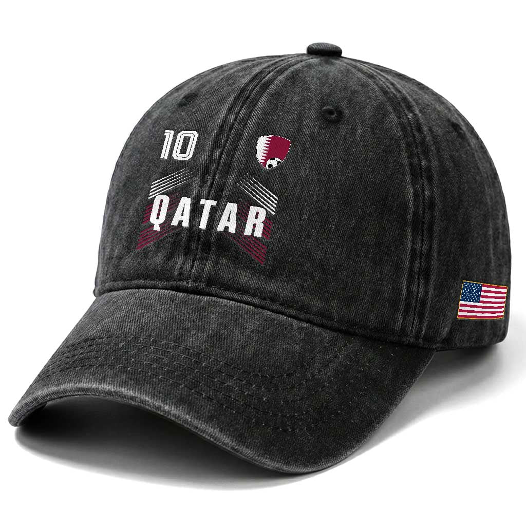 Qatar Soccer Sports Graphic Number 10 Jersey Style Washed Cotton Baseball Cap Proud Qatari Football Fans Game Day Pride TS02 Print Your Wear