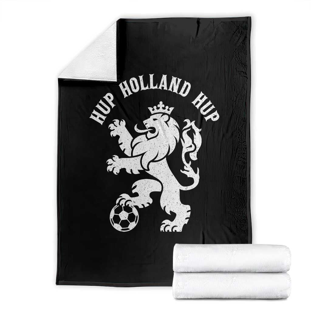 Hup Holland Hup Netherlands Crowned Lion Rampant Playing Football Graphic Throw Blanket Nederlands Coat of Arms Inspo Dutch Soccer Fans TS02 Black Print Your Wear