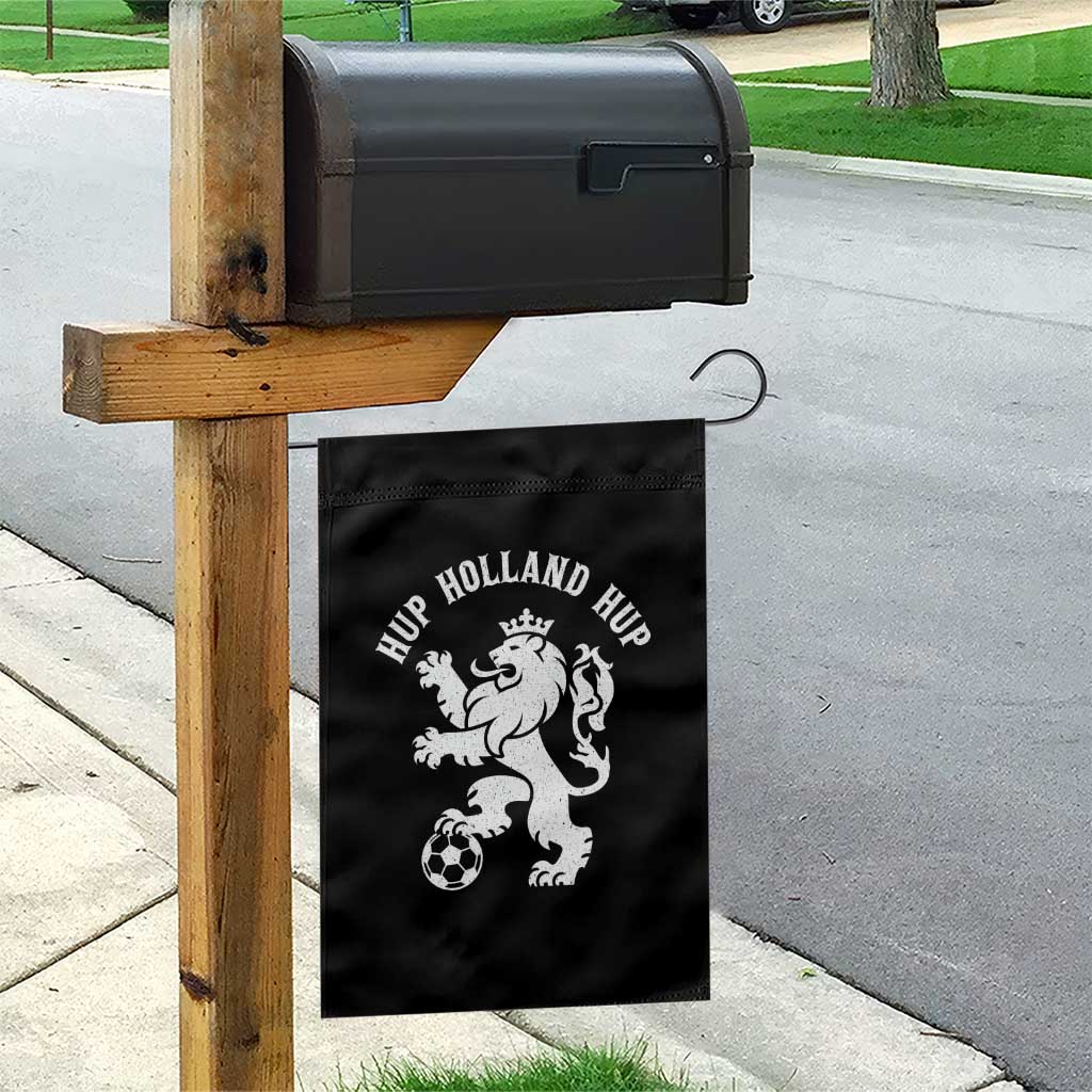 Hup Holland Hup Netherlands Crowned Lion Rampant Playing Football Graphic Garden Flag Nederlands Coat of Arms Inspo Dutch Soccer Fans