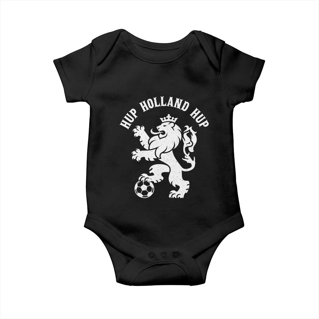 Hup Holland Hup Netherlands Crowned Lion Rampant Playing Football Graphic Baby Onesie Nederlands Coat of Arms Inspo Dutch Soccer Fans