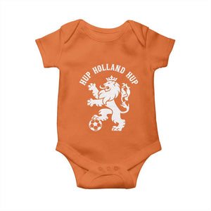 Hup Holland Hup Netherlands Crowned Lion Rampant Playing Football Graphic Baby Onesie Nederlands Coat of Arms Inspo Dutch Soccer Fans