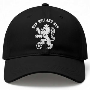 Hup Holland Hup Netherlands Crowned Lion Rampant Playing Football Graphic Baseball Cap Nederlands Coat of Arms Inspo Dutch Soccer Fans