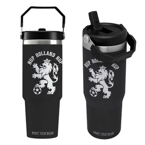 Hup Holland Hup Netherlands Crowned Lion Rampant Playing Football Graphic Flip Straw Tumbler Nederlands Coat of Arms Inspo Dutch Soccer Fans