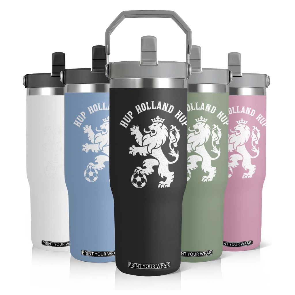 Hup Holland Hup Netherlands Crowned Lion Rampant Playing Football Graphic Flip Straw Tumbler Nederlands Coat of Arms Inspo Dutch Soccer Fans