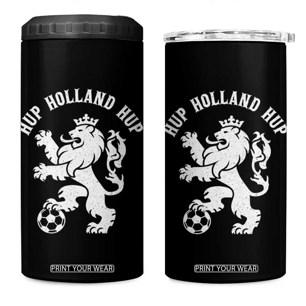 Hup Holland Hup Netherlands Crowned Lion Rampant Playing Football Graphic 4 in 1 Can Cooler Tumbler Nederlands Coat of Arms Inspo Dutch Soccer Fans