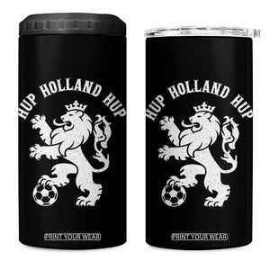 Hup Holland Hup Netherlands Crowned Lion Rampant Playing Football Graphic 4 in 1 Can Cooler Tumbler Nederlands Coat of Arms Inspo Dutch Soccer Fans