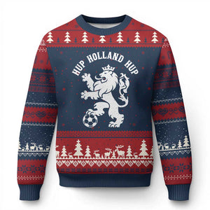 Hup Holland Hup Netherlands Crowned Lion Rampant Playing Football Graphic Ugly Christmas Sweater Nederlands Coat of Arms Inspo Dutch Soccer Fans