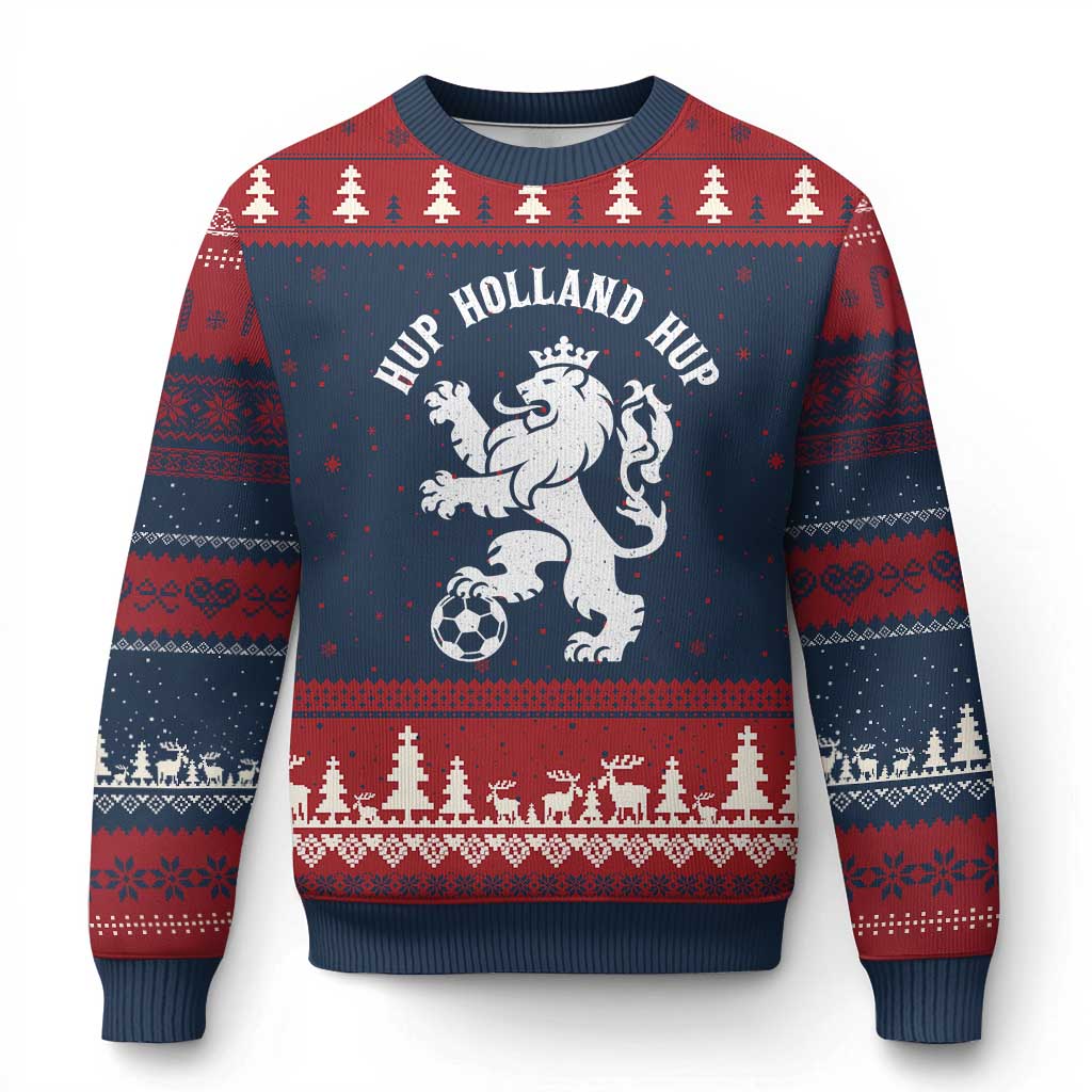 Hup Holland Hup Netherlands Crowned Lion Rampant Playing Football Graphic Ugly Christmas Sweater Nederlands Coat of Arms Inspo Dutch Soccer Fans TS02 Navy Red Print Your Wear