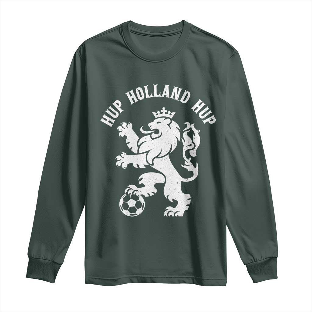 Hup Holland Hup Netherlands Crowned Lion Rampant Playing Football Graphic Long Sleeve Shirt Nederlands Coat of Arms Inspo Dutch Soccer Fans