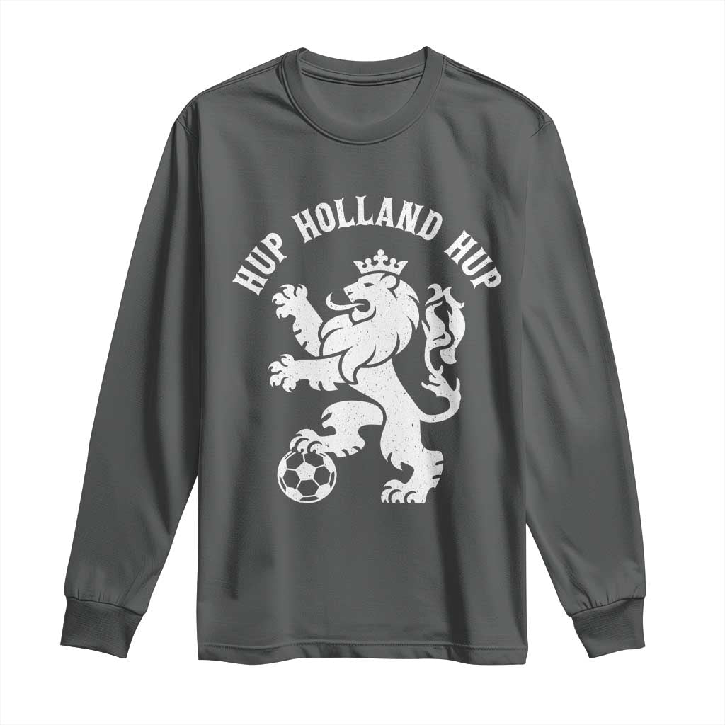 Hup Holland Hup Netherlands Crowned Lion Rampant Playing Football Graphic Long Sleeve Shirt Nederlands Coat of Arms Inspo Dutch Soccer Fans