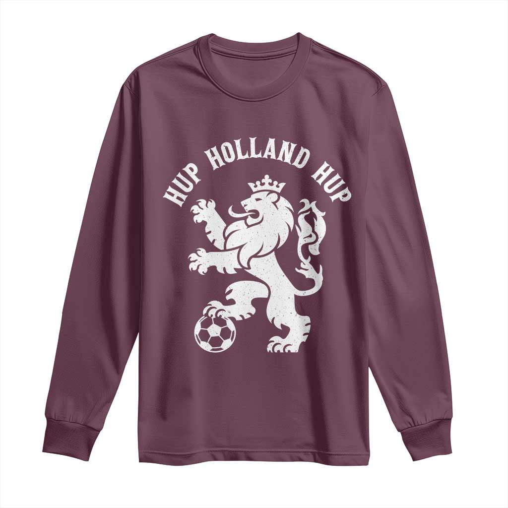 Hup Holland Hup Netherlands Crowned Lion Rampant Playing Football Graphic Long Sleeve Shirt Nederlands Coat of Arms Inspo Dutch Soccer Fans