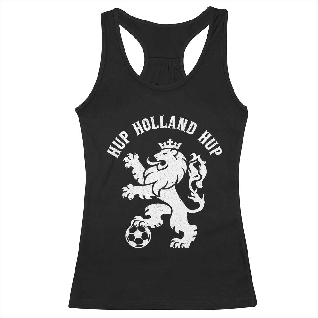 Hup Holland Hup Netherlands Crowned Lion Rampant Playing Football Graphic Racerback Tank Top Nederlands Coat of Arms Inspo Dutch Soccer Fans