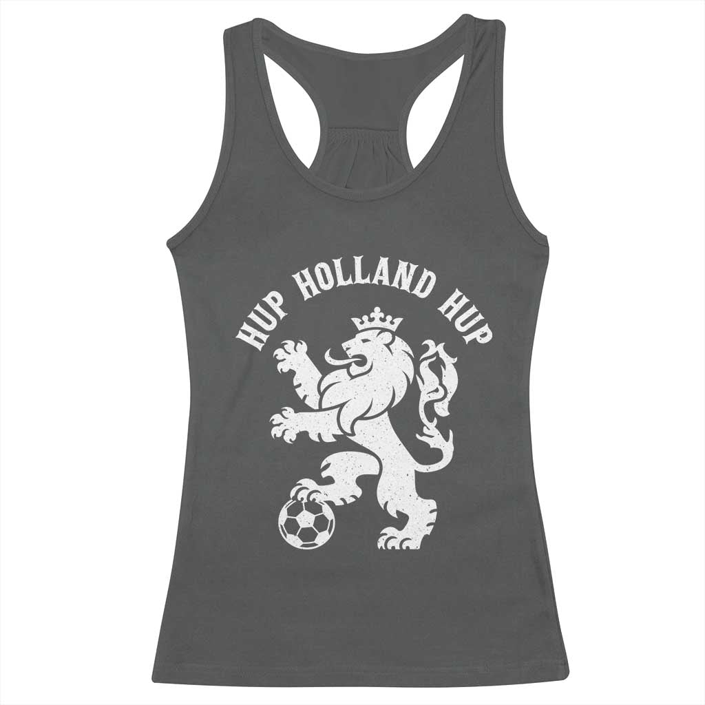 Hup Holland Hup Netherlands Crowned Lion Rampant Playing Football Graphic Racerback Tank Top Nederlands Coat of Arms Inspo Dutch Soccer Fans