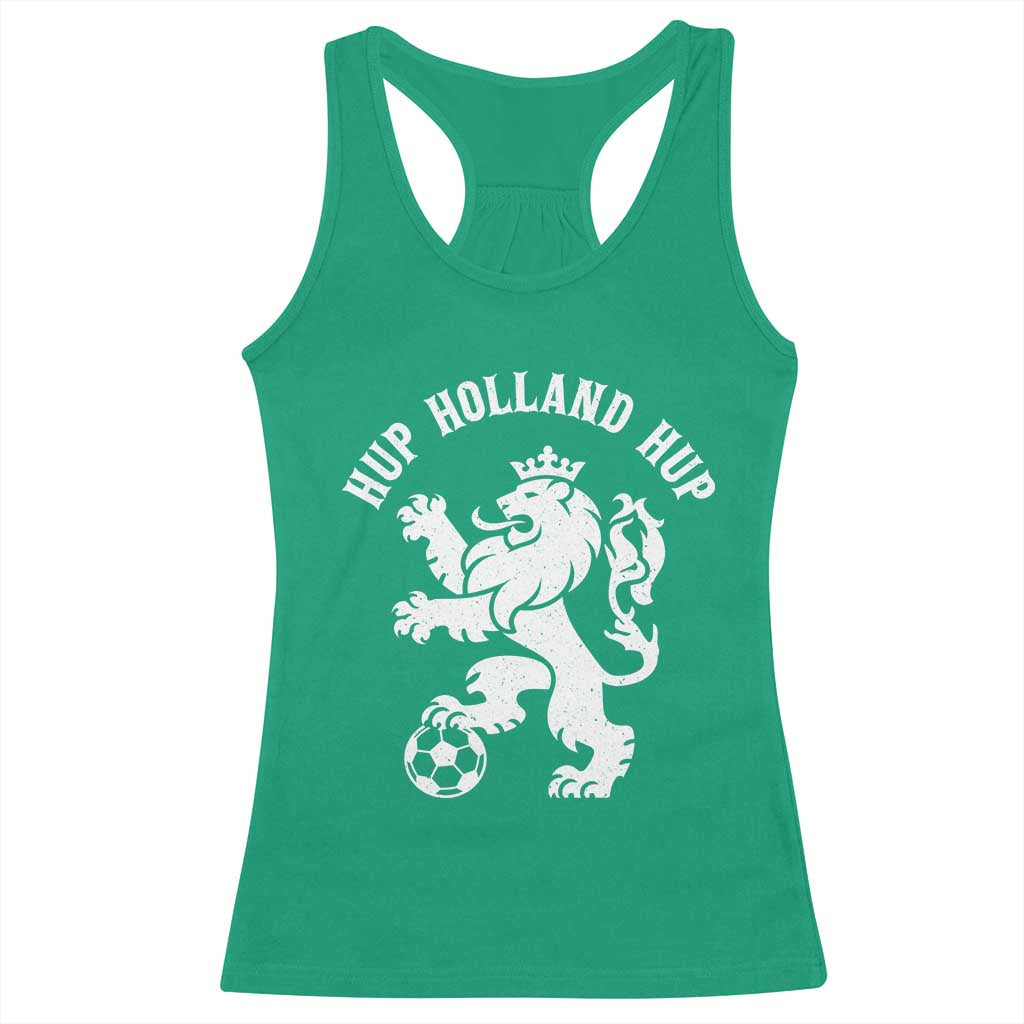 Hup Holland Hup Netherlands Crowned Lion Rampant Playing Football Graphic Racerback Tank Top Nederlands Coat of Arms Inspo Dutch Soccer Fans