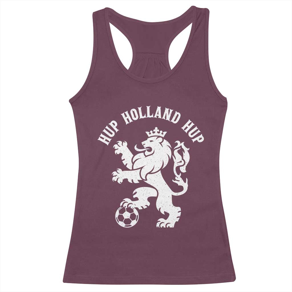 Hup Holland Hup Netherlands Crowned Lion Rampant Playing Football Graphic Racerback Tank Top Nederlands Coat of Arms Inspo Dutch Soccer Fans