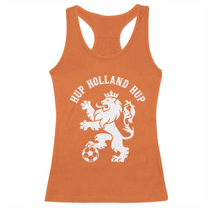 Hup Holland Hup Netherlands Crowned Lion Rampant Playing Football Graphic Racerback Tank Top Nederlands Coat of Arms Inspo Dutch Soccer Fans