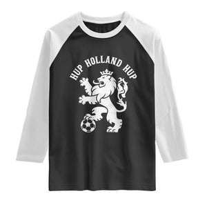 Hup Holland Hup Netherlands Crowned Lion Rampant Playing Football Graphic Raglan Shirt Nederlands Coat of Arms Inspo Dutch Soccer Fans