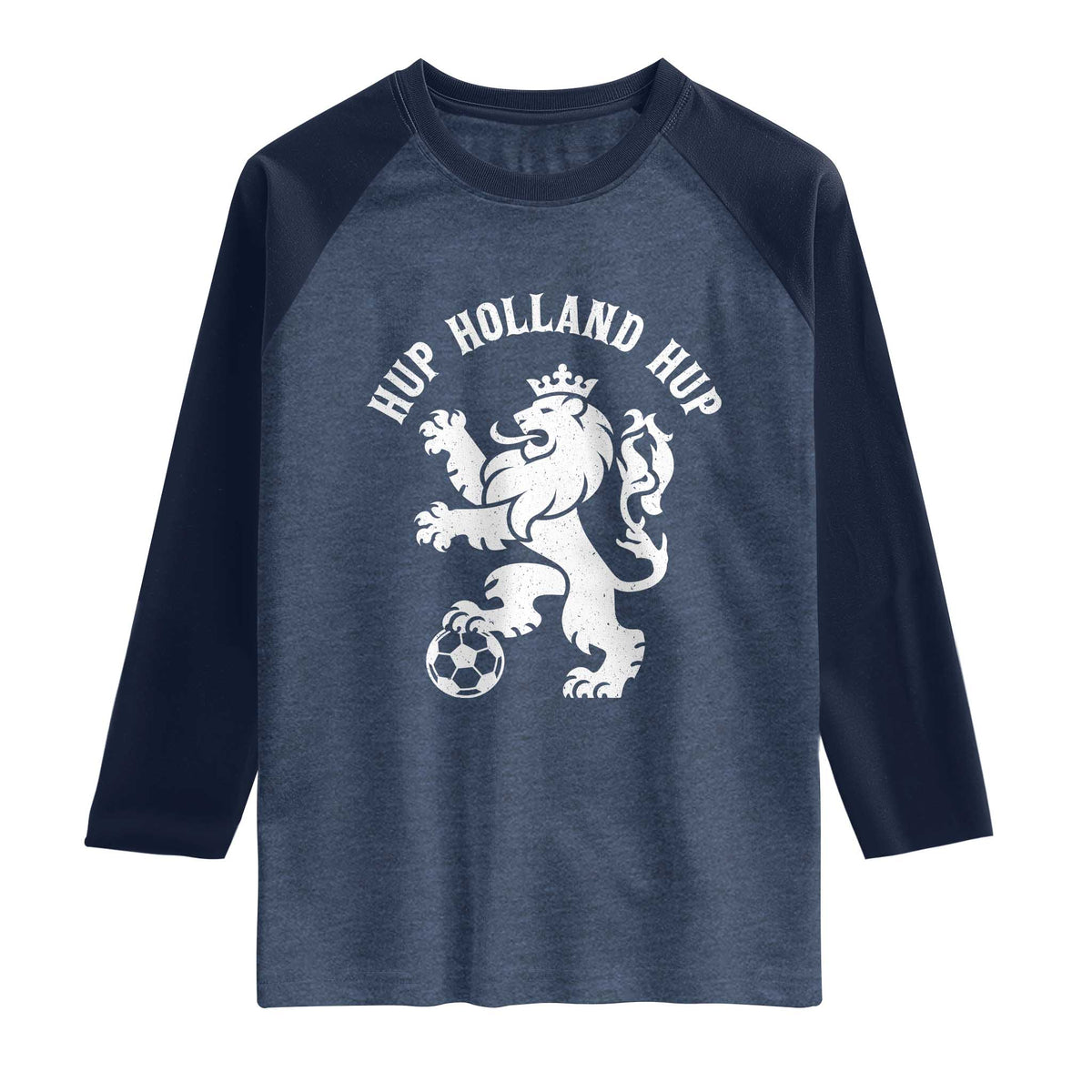 Hup Holland Hup Netherlands Crowned Lion Rampant Playing Football Graphic Raglan Shirt Nederlands Coat of Arms Inspo Dutch Soccer Fans