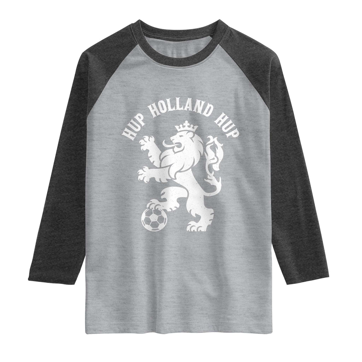 Hup Holland Hup Netherlands Crowned Lion Rampant Playing Football Graphic Raglan Shirt Nederlands Coat of Arms Inspo Dutch Soccer Fans