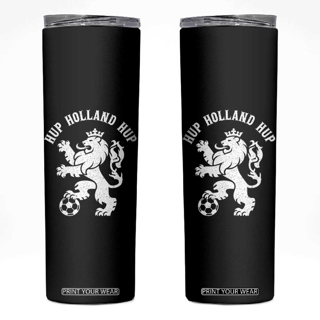 Hup Holland Hup Netherlands Crowned Lion Rampant Playing Football Graphic Skinny Tumbler Nederlands Coat of Arms Inspo Dutch Soccer Fans