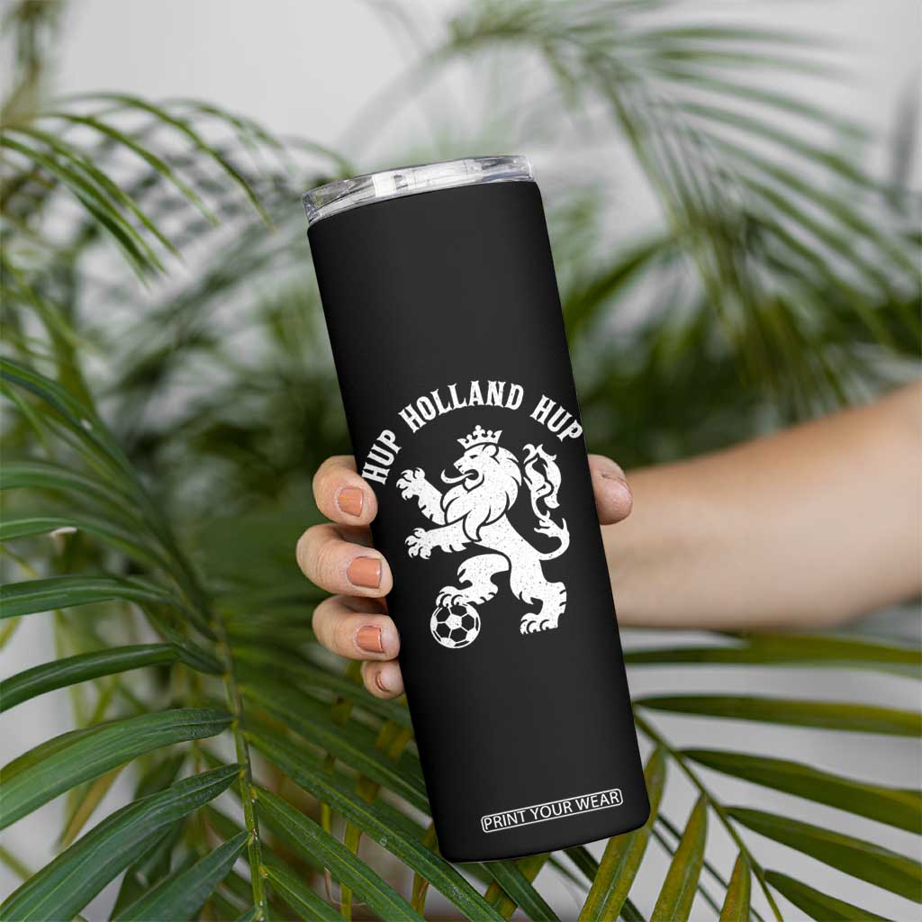 Hup Holland Hup Netherlands Crowned Lion Rampant Playing Football Graphic Skinny Tumbler Nederlands Coat of Arms Inspo Dutch Soccer Fans
