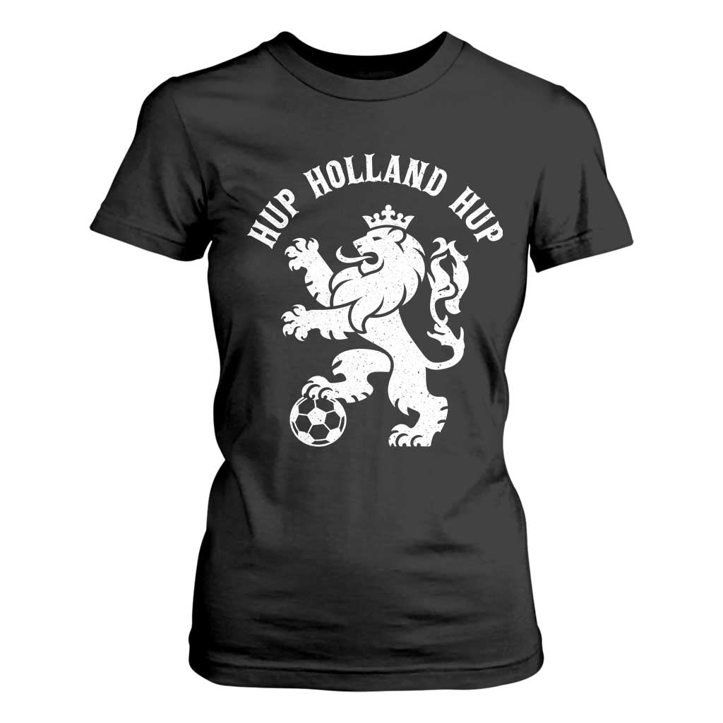 Hup Holland Hup Netherlands Crowned Lion Rampant Playing Football Graphic T Shirt For Women Nederlands Coat of Arms Inspo Dutch Soccer Fans