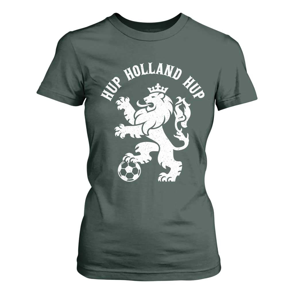 Hup Holland Hup Netherlands Crowned Lion Rampant Playing Football Graphic T Shirt For Women Nederlands Coat of Arms Inspo Dutch Soccer Fans